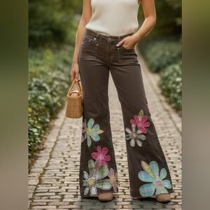 Mini Boden brown Patchwork corduroy flowers girls pants size 11-12Y